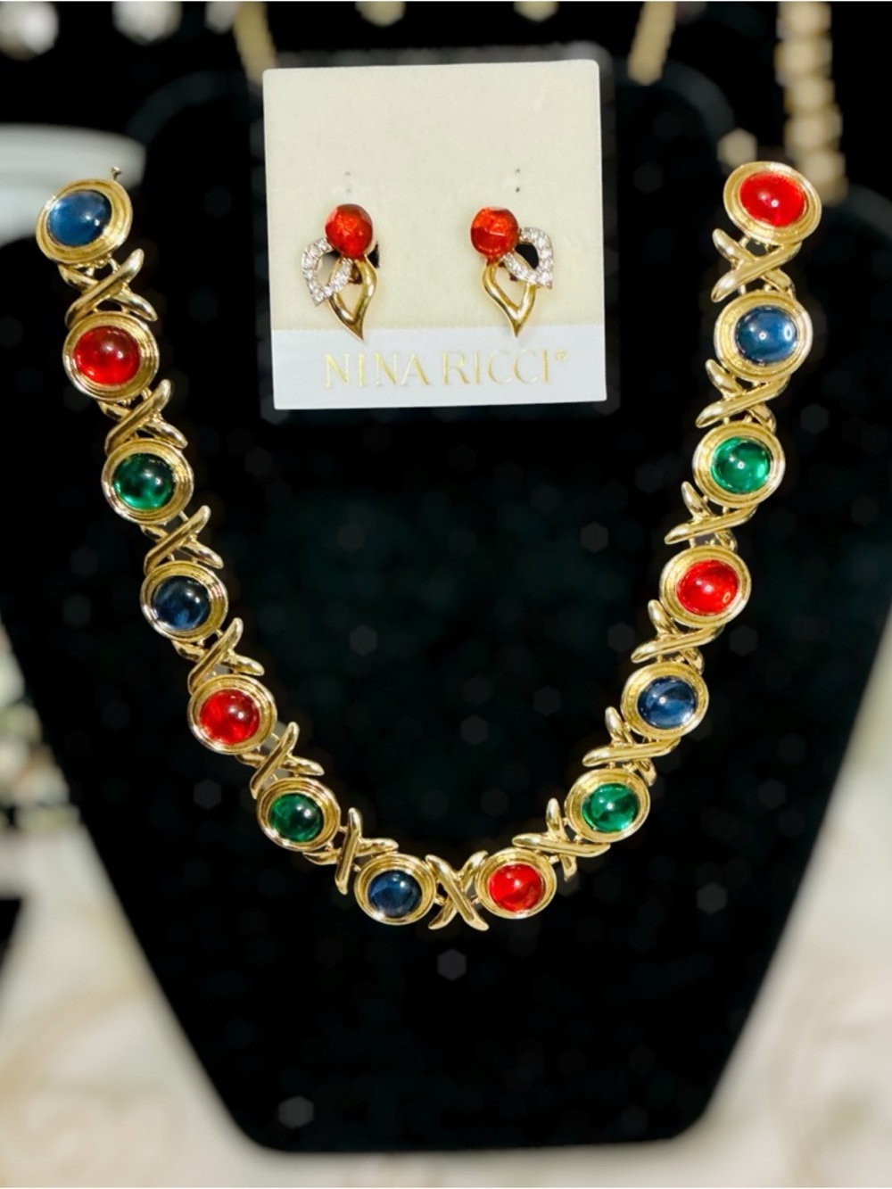 Nina Ricci Earrings & Fashion Goldtone Necklace with Red, Green & Blue Cabochons